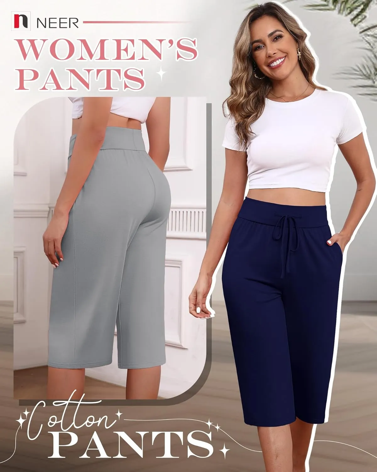 Neer 3 Pack Women's Capri Yoga Pants Cotton Wide Leg Drawstring Loose Sweatpants Comfy Lounge Cropped Pants with Pockets
