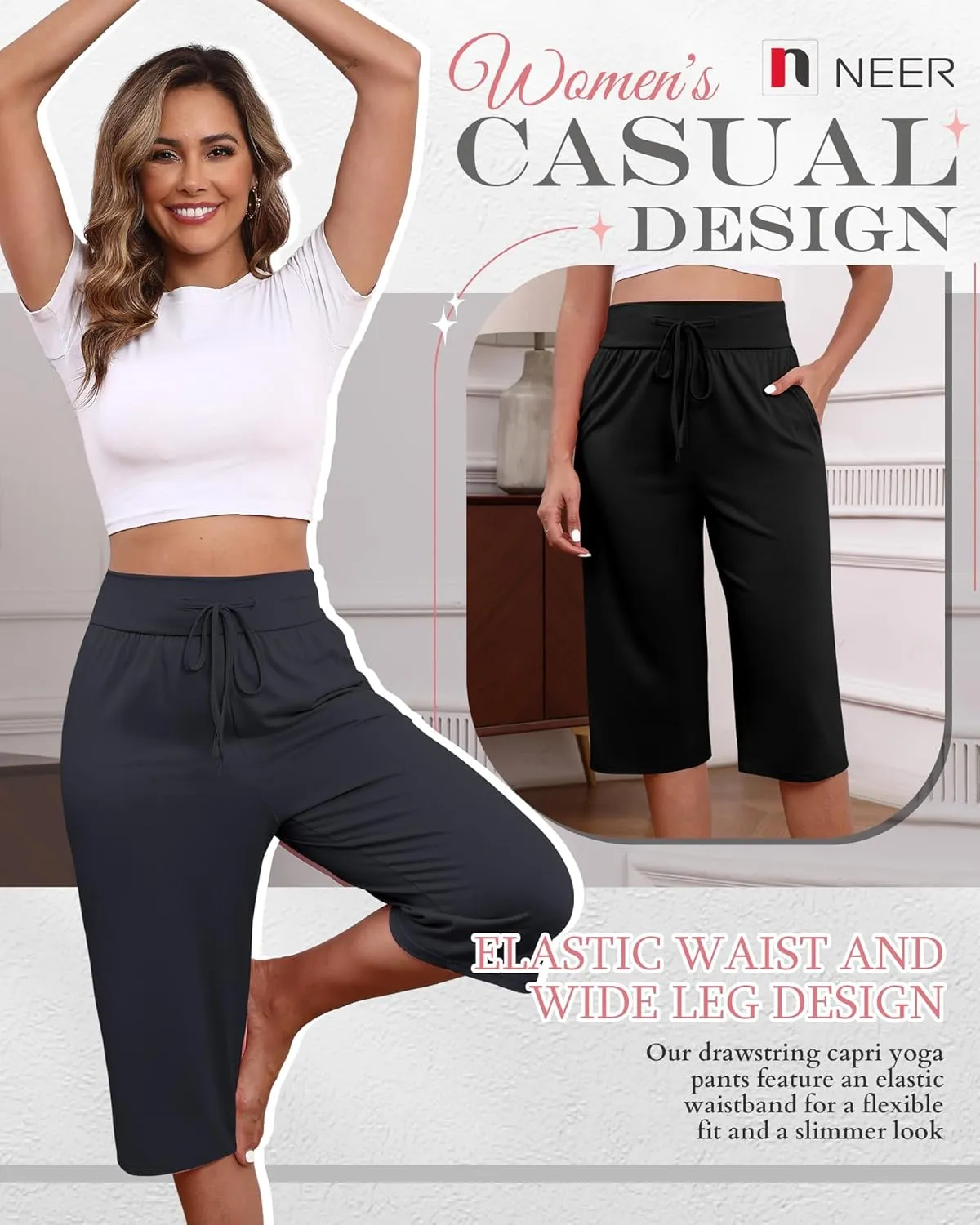 Neer 3 Pack Women's Capri Yoga Pants Cotton Wide Leg Drawstring Loose Sweatpants Comfy Lounge Cropped Pants with Pockets