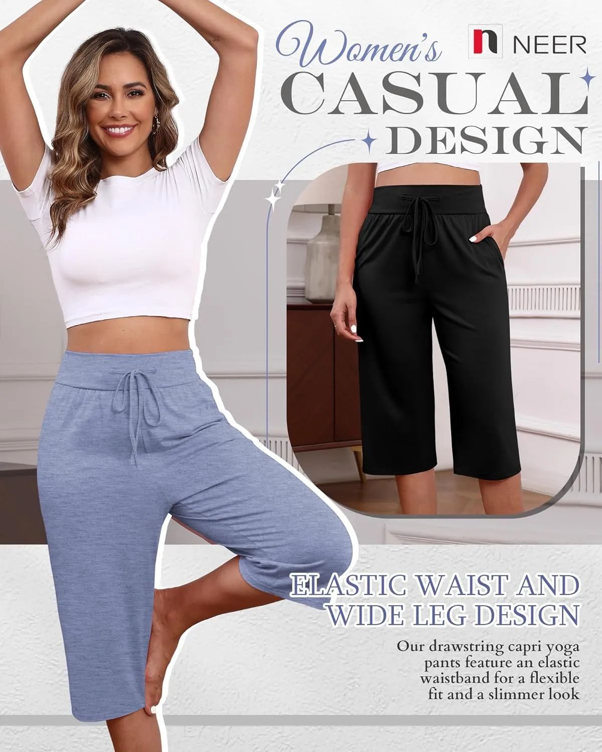Neer 3 Pack Women's Capri Yoga Pants Cotton Wide Leg Drawstring Loose Sweatpants Comfy Lounge Cropped Pants with Pockets