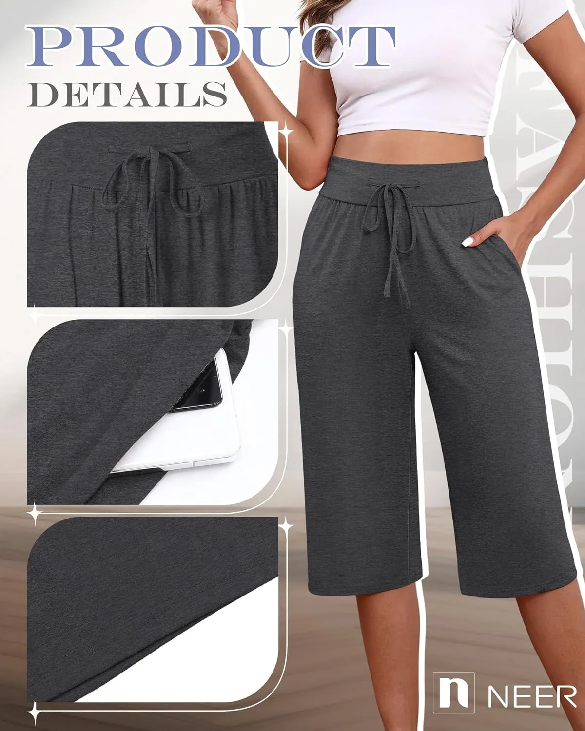 Neer 3 Pack Women's Capri Yoga Pants Cotton Wide Leg Drawstring Loose Sweatpants Comfy Lounge Cropped Pants with Pockets