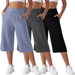 Neer 3 Pack Women's Capri Yoga Pants Cotton Wide Leg Drawstring Loose Sweatpants Comfy Lounge Cropped Pants with Pockets