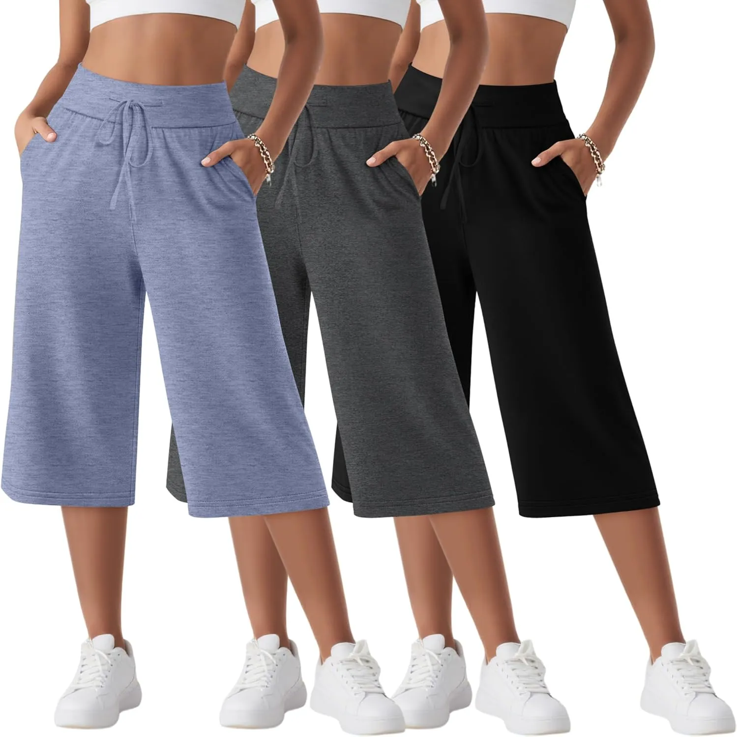 Neer 3 Pack Women's Capri Yoga Pants Cotton Wide Leg Drawstring Loose Sweatpants Comfy Lounge Cropped Pants with Pockets