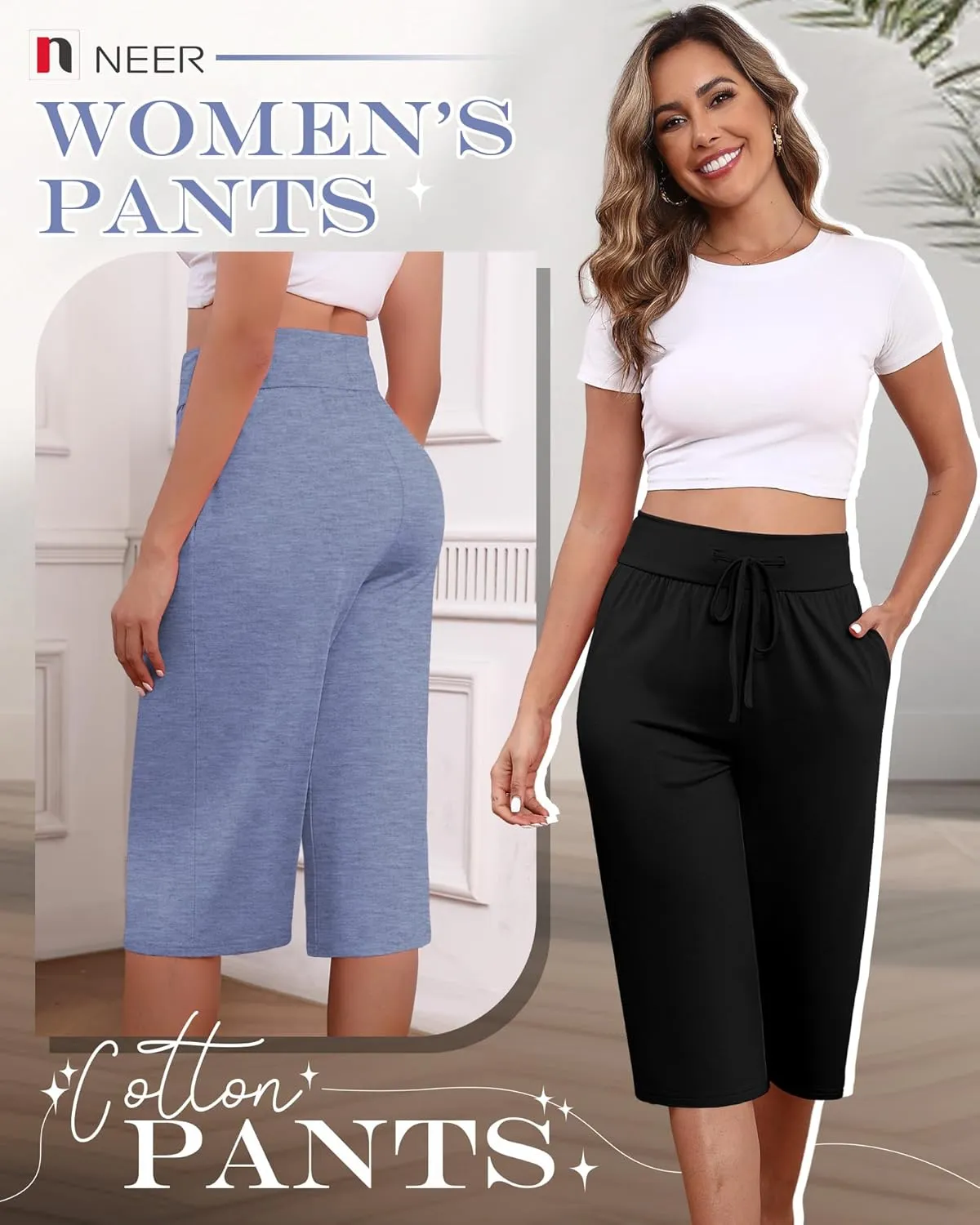 Neer 3 Pack Women's Capri Yoga Pants Cotton Wide Leg Drawstring Loose Sweatpants Comfy Lounge Cropped Pants with Pockets