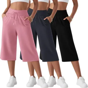 Neer 3 Pack Women's Capri Yoga Pants Cotton Wide Leg Drawstring Loose Sweatpants Comfy Lounge Cropped Pants with Pockets