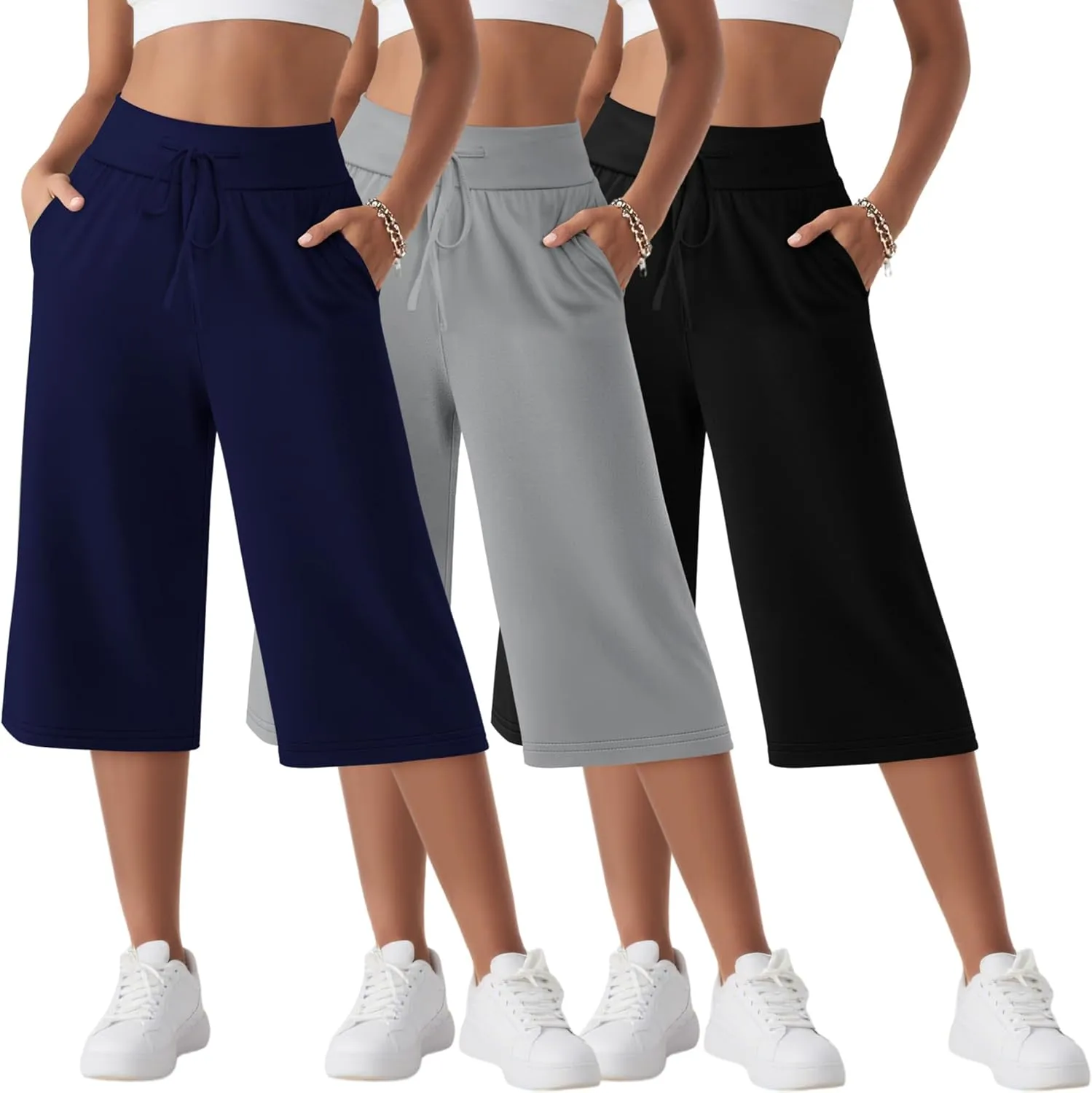 Neer 3 Pack Women's Capri Yoga Pants Cotton Wide Leg Drawstring Loose Sweatpants Comfy Lounge Cropped Pants with Pockets