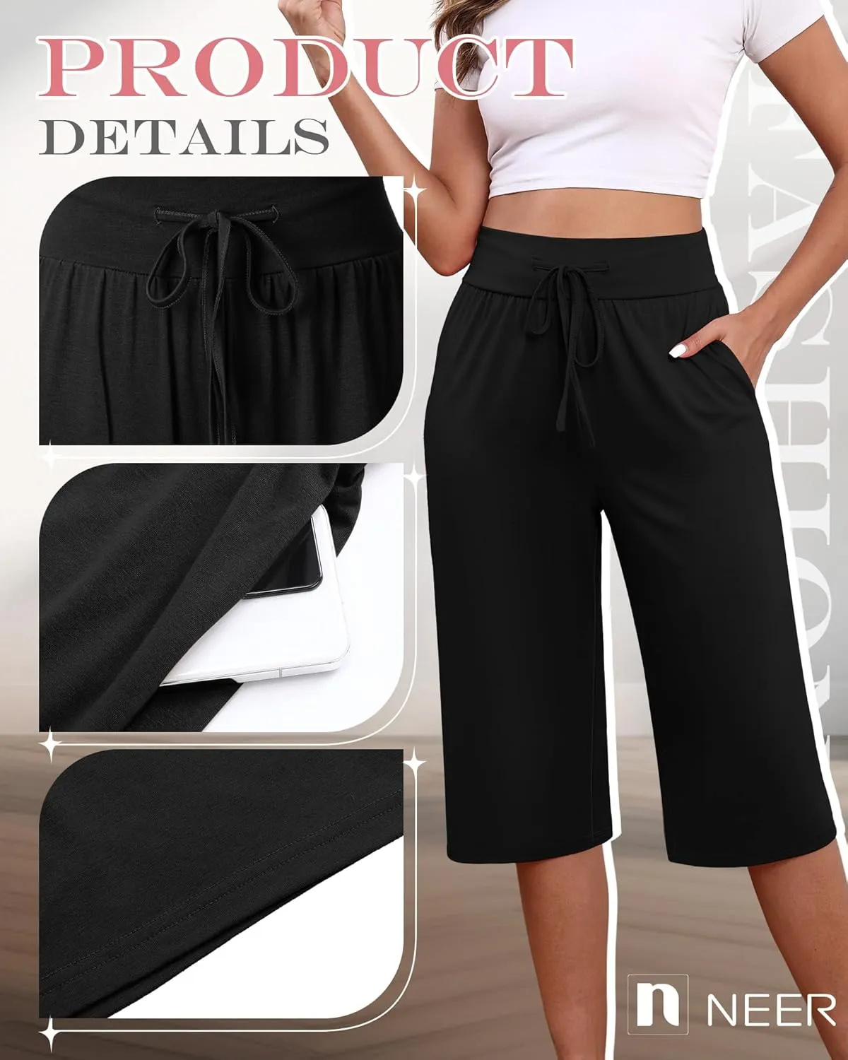 Neer 3 Pack Women's Capri Yoga Pants Cotton Wide Leg Drawstring Loose Sweatpants Comfy Lounge Cropped Pants with Pockets