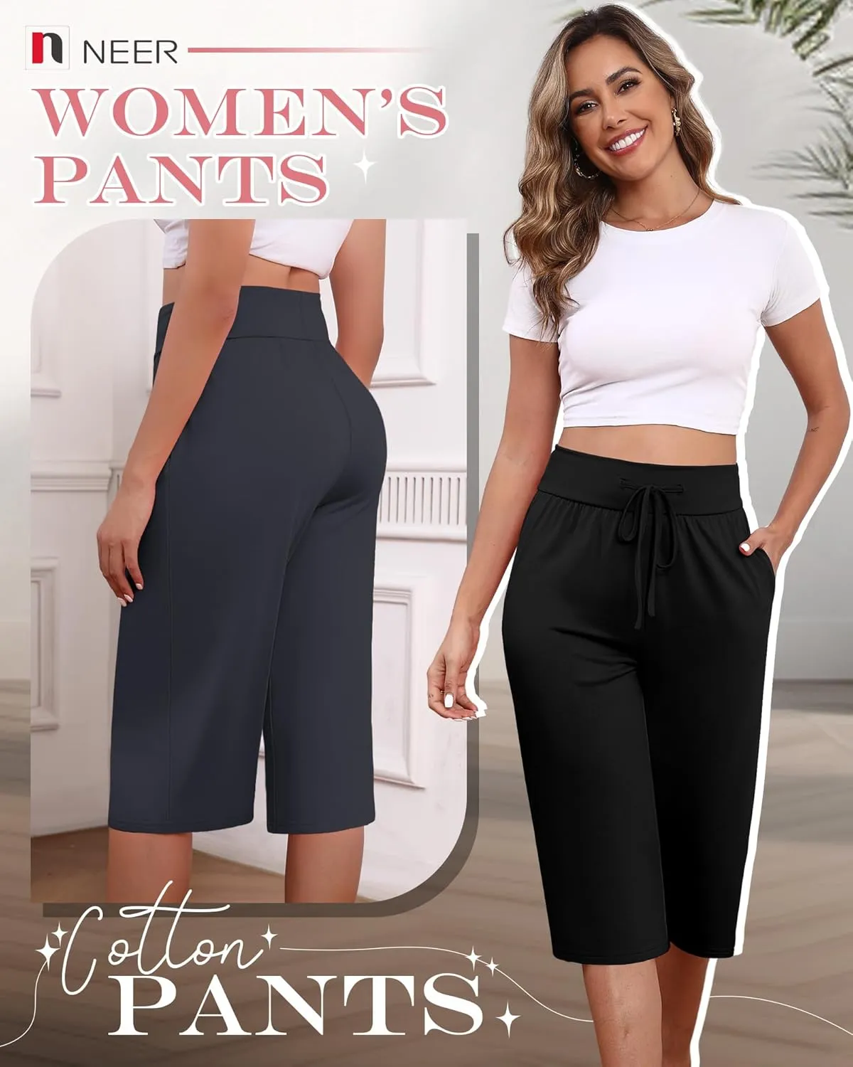 Neer 3 Pack Women's Capri Yoga Pants Cotton Wide Leg Drawstring Loose Sweatpants Comfy Lounge Cropped Pants with Pockets