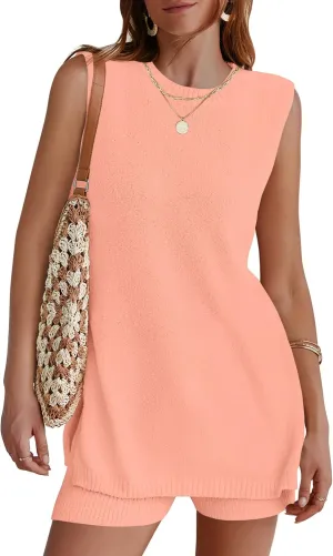 NENONA Women's Summer Sleeveless Sweater Lounge Sets Casual Loose Fit Tunic Tops and Shorts 2 Piece Beach Vacation Outfits