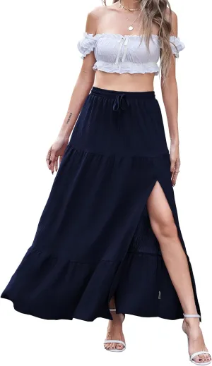 Newchoice Women's Flowy Maxi Skirt with Slit Elastic High Waisted Casual Summer Long Skirts