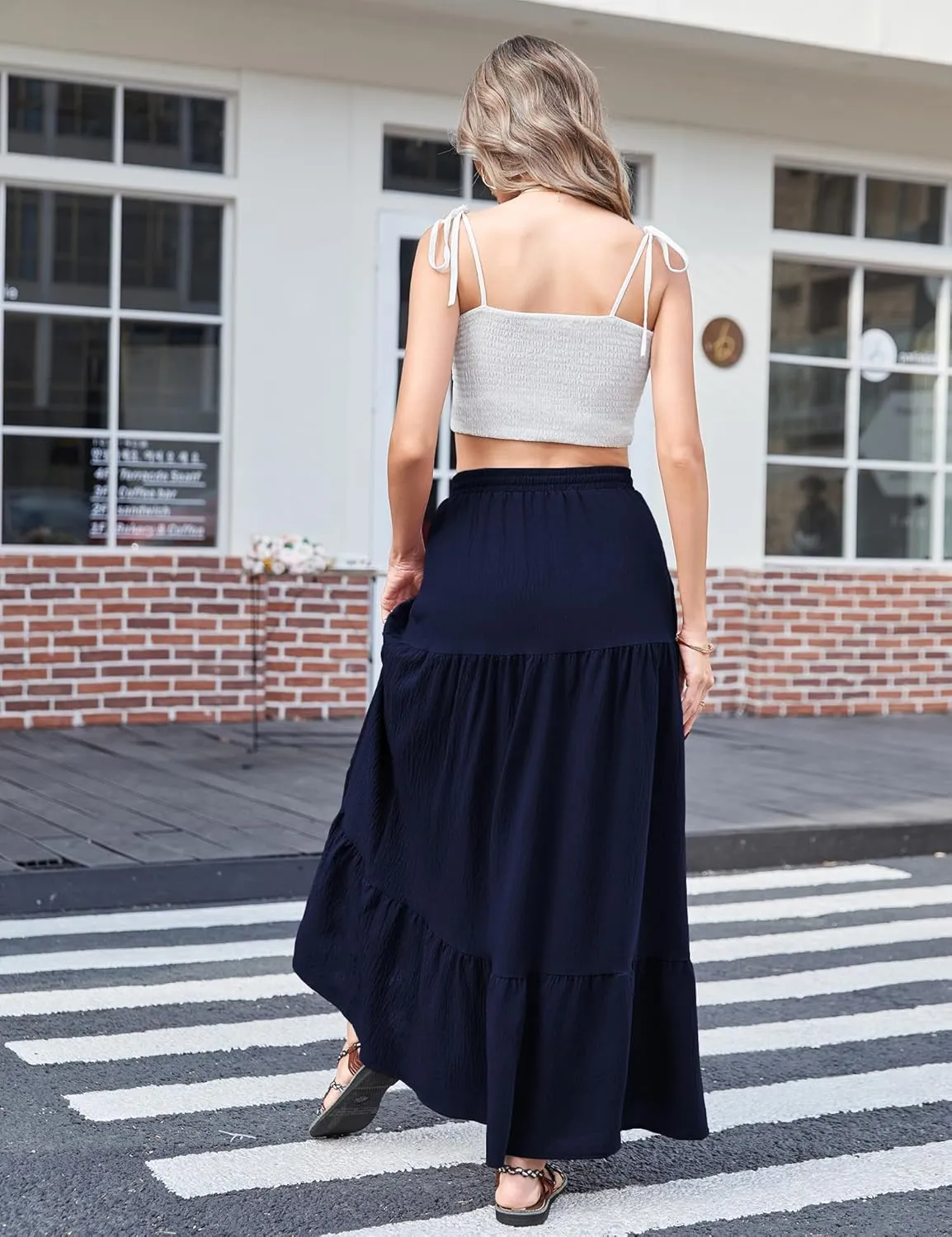 Newchoice Women's Flowy Maxi Skirt with Slit Elastic High Waisted Casual Summer Long Skirts