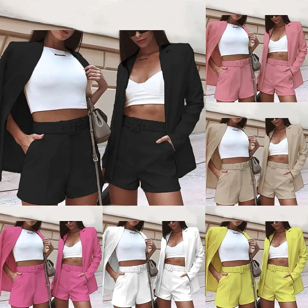 NRTHYE Women 2 Piece Outfits Long Sleeve Blazer & Short Suits Casual Tops & Bottoms Set