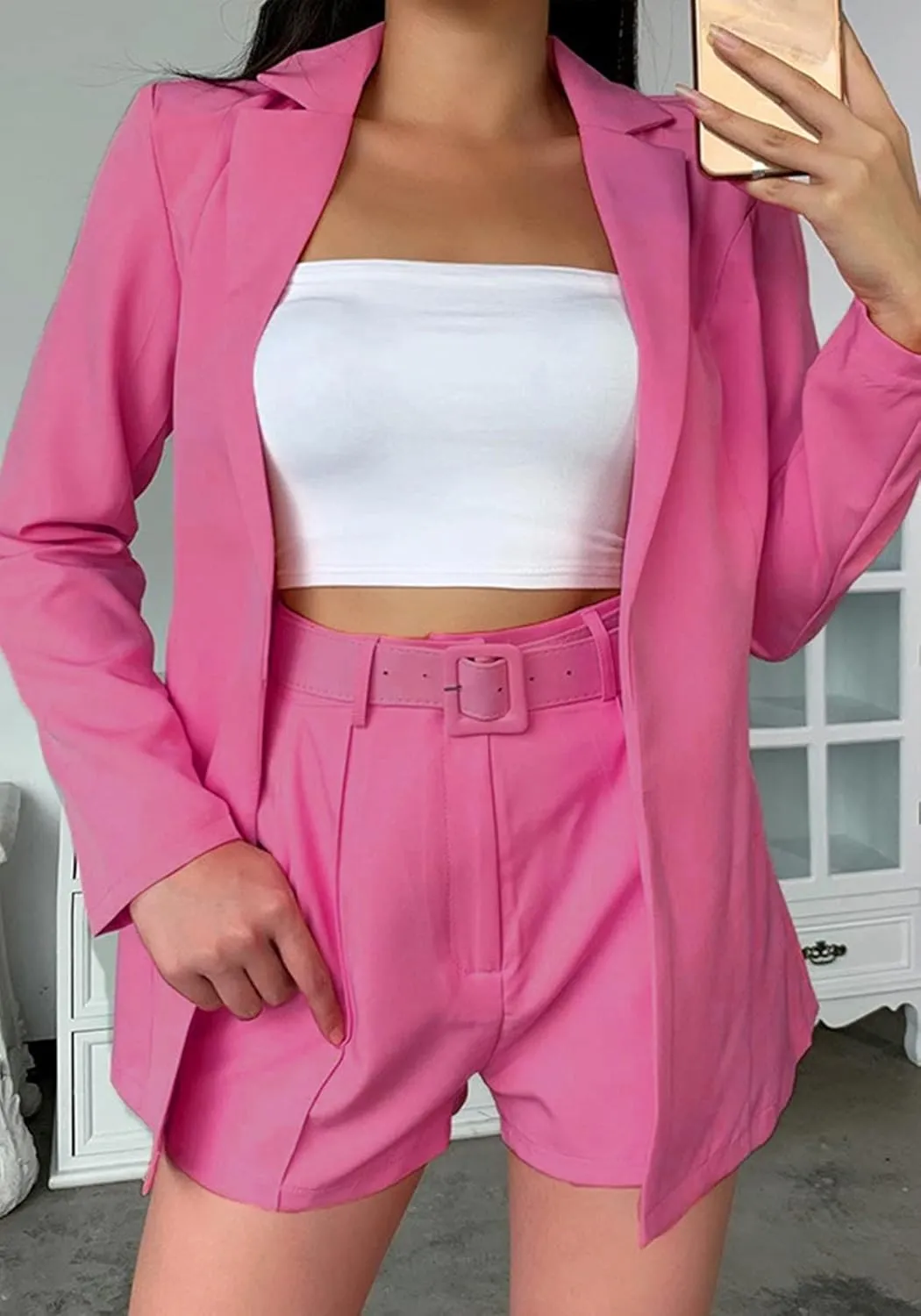 NRTHYE Women 2 Piece Outfits Long Sleeve Blazer & Short Suits Casual Tops & Bottoms Set