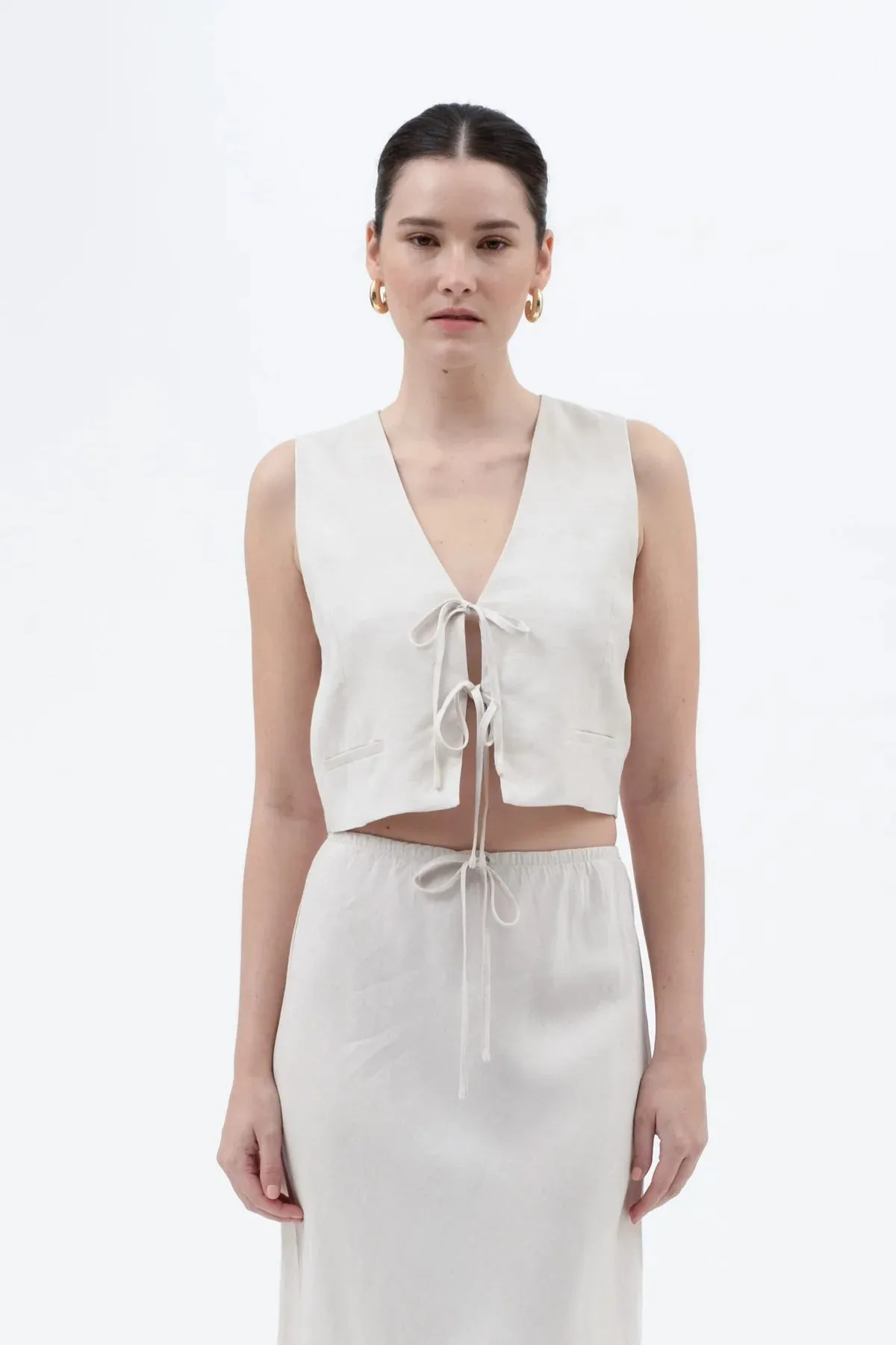 Oatmeal Tie Front Crop Vest