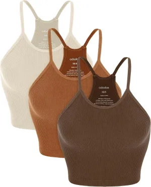 ODODOS Women's Crop 3-Pack Seamless Rib-Knit Camisole Crop Tank Tops