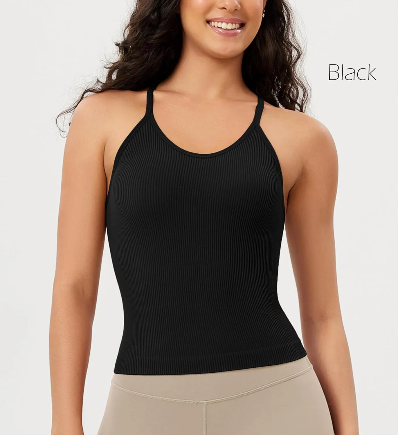 ODODOS Women's Crop 3-Pack Seamless Rib-Knit Camisole Crop Tank Tops