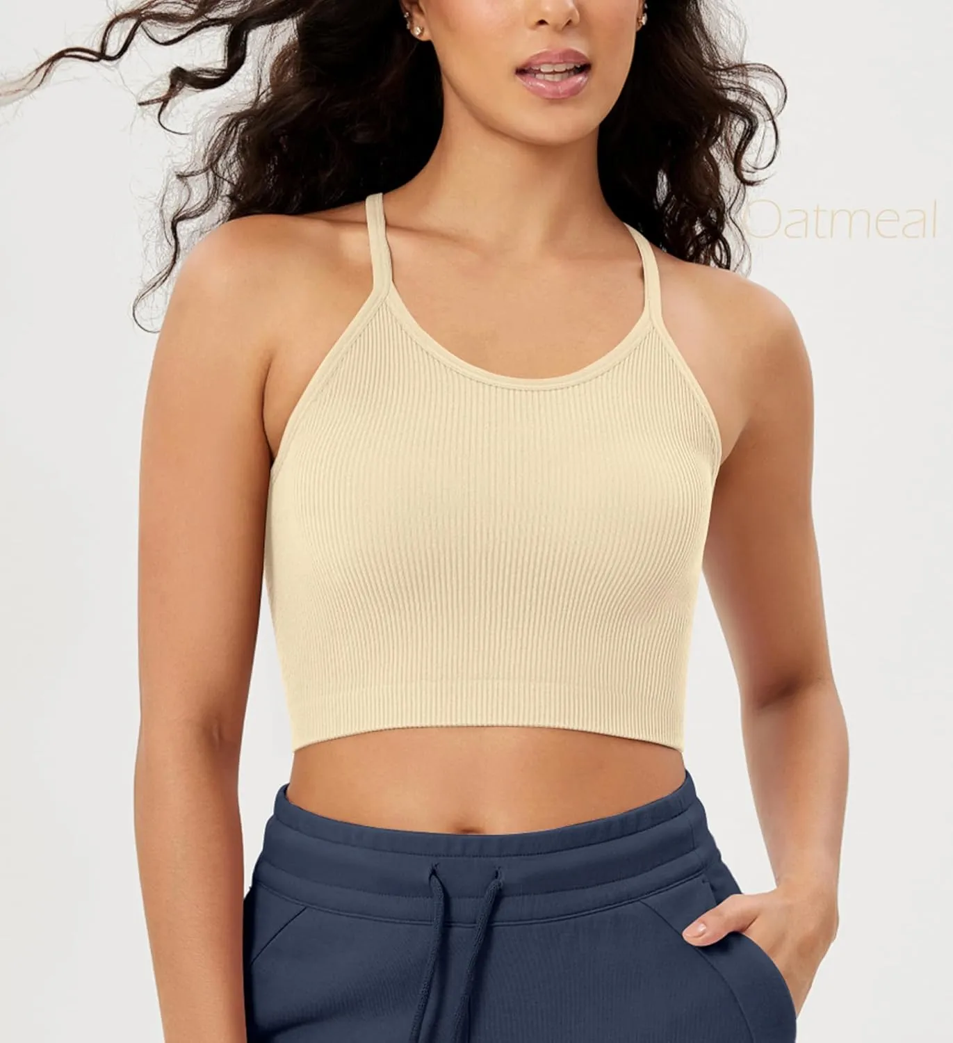 ODODOS Women's Crop 3-Pack Seamless Rib-Knit Camisole Crop Tank Tops