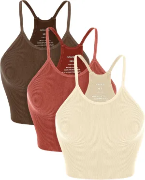 ODODOS Women's Crop 3-Pack Seamless Rib-Knit Camisole Crop Tank Tops