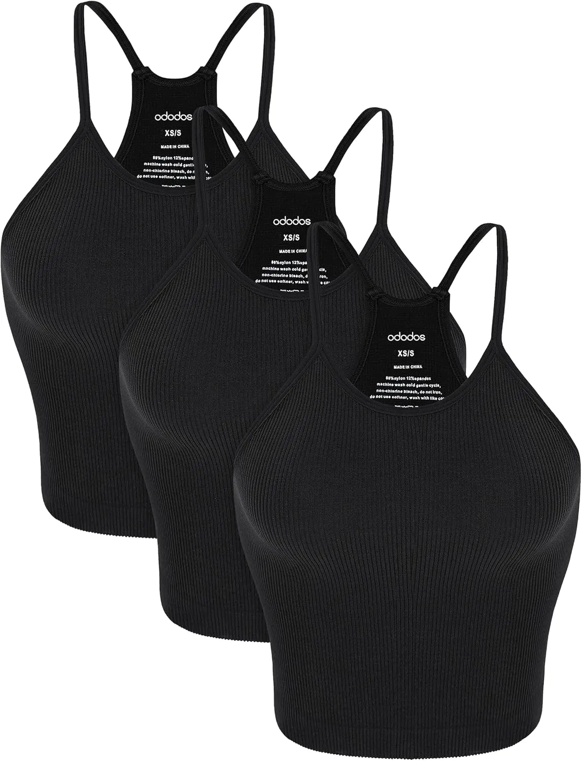 ODODOS Women's Crop 3-Pack Seamless Rib-Knit Camisole Crop Tank Tops