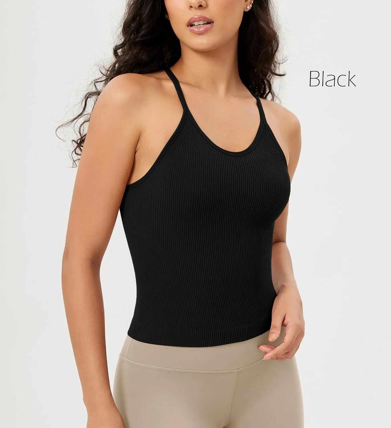 ODODOS Women's Crop 3-Pack Seamless Rib-Knit Camisole Crop Tank Tops