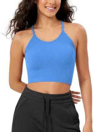 ODODOS Women's Crop Seamless Rib-Knit Camisole Strappy Racerback Cropped Tank Tops