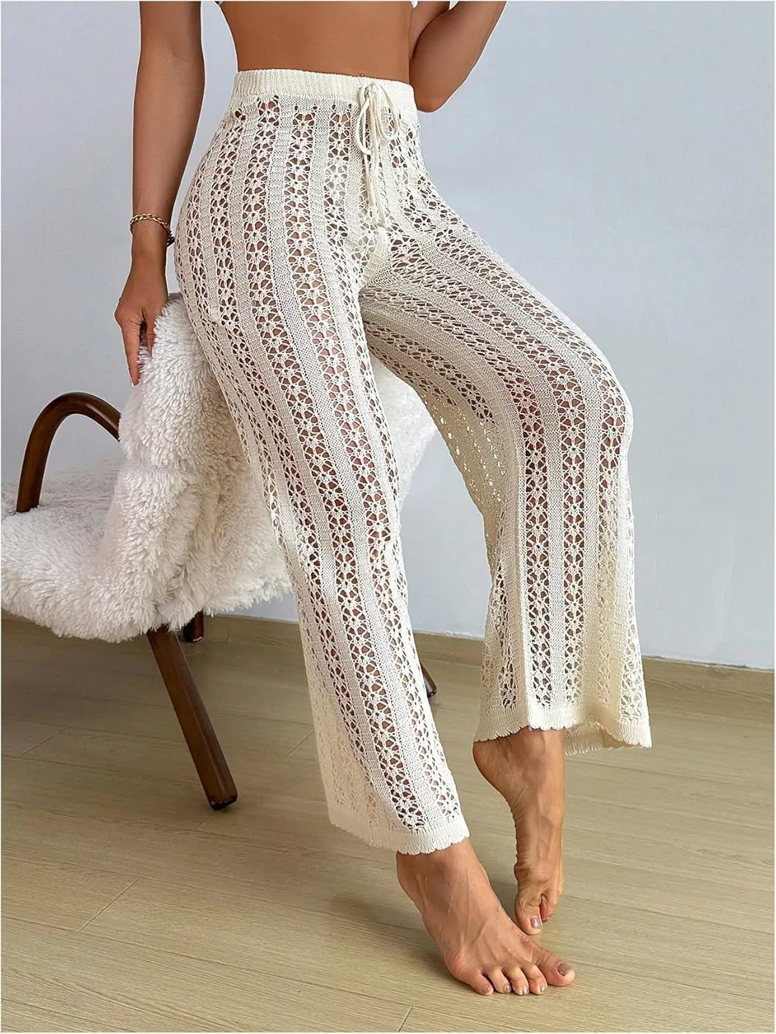 OYOANGLE Women's Hollow Out Crochet Knit Swimsuit Cover Up Pants Drawstring Elastic High Waisted Beach Pants