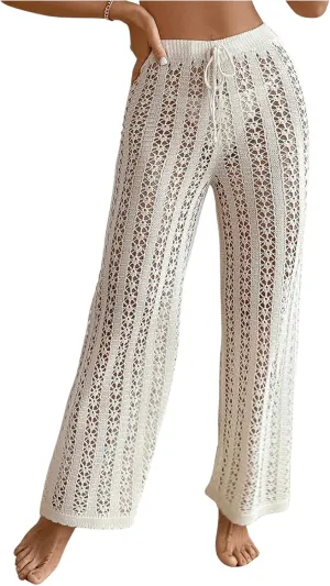 OYOANGLE Women's Hollow Out Crochet Knit Swimsuit Cover Up Pants Drawstring Elastic High Waisted Beach Pants