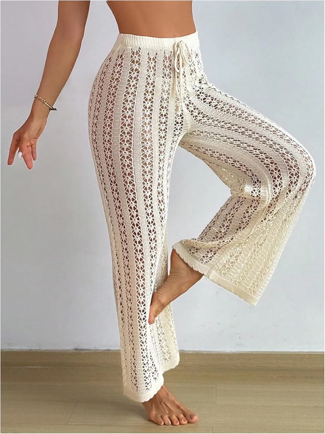 OYOANGLE Women's Hollow Out Crochet Knit Swimsuit Cover Up Pants Drawstring Elastic High Waisted Beach Pants