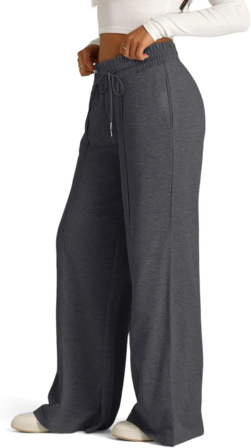 Pants for Women Elastic High Waisted Stretchy Womens Sweatpants with Pockets Straight Wide Leg Pants Cotton Linen