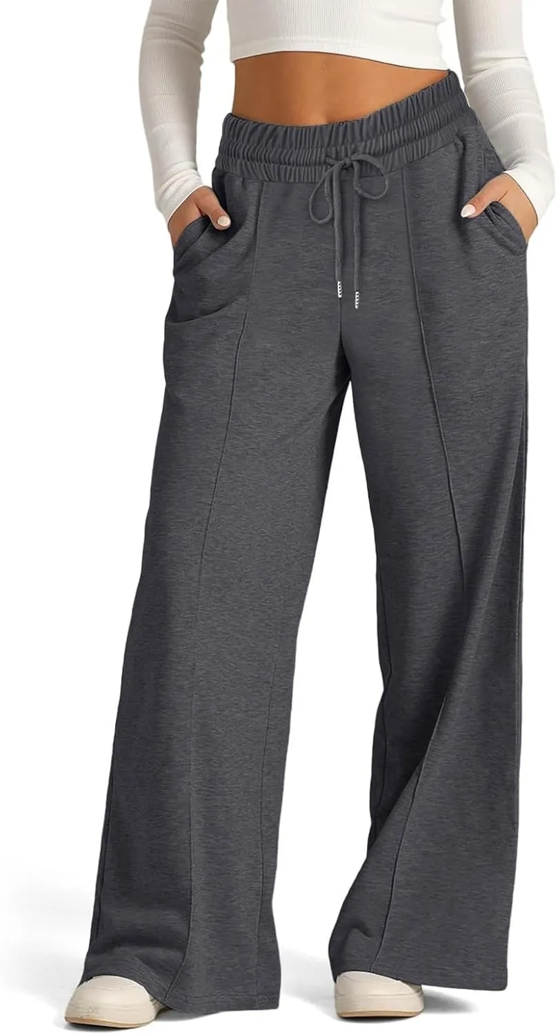 Pants for Women Elastic High Waisted Stretchy Womens Sweatpants with Pockets Straight Wide Leg Pants Cotton Linen