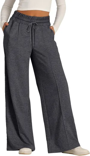 Pants for Women Elastic High Waisted Stretchy Womens Sweatpants with Pockets Straight Wide Leg Pants Cotton Linen