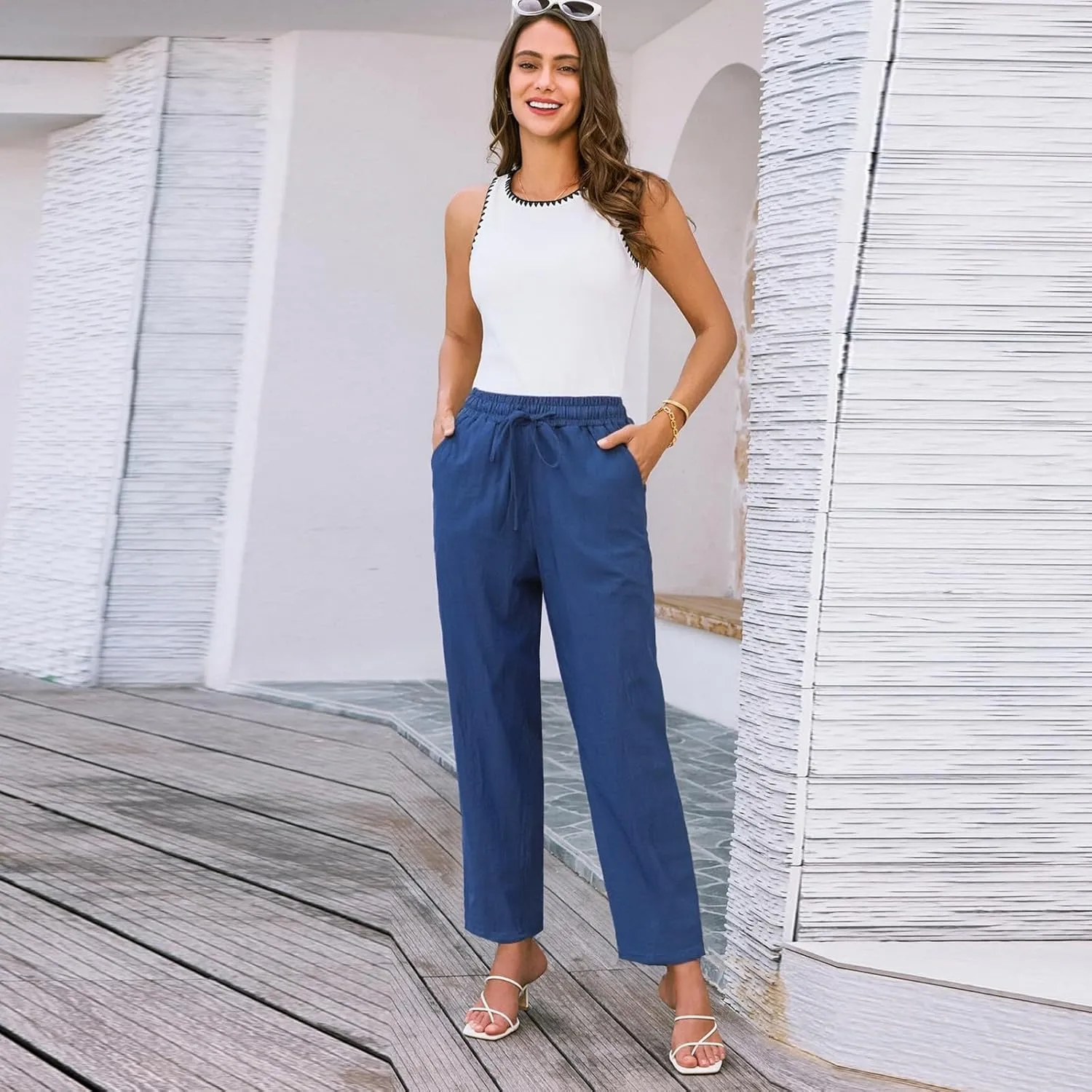 Pants Women Cotton Linen,Sweatpants Dressy Casual, Wide Leg High Waisted Cargo Petite Trousers with Pockets