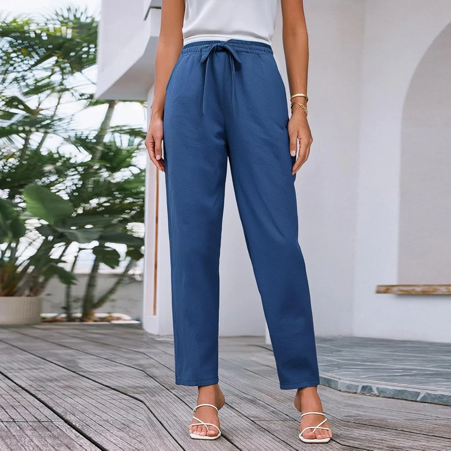Pants Women Cotton Linen,Sweatpants Dressy Casual, Wide Leg High Waisted Cargo Petite Trousers with Pockets