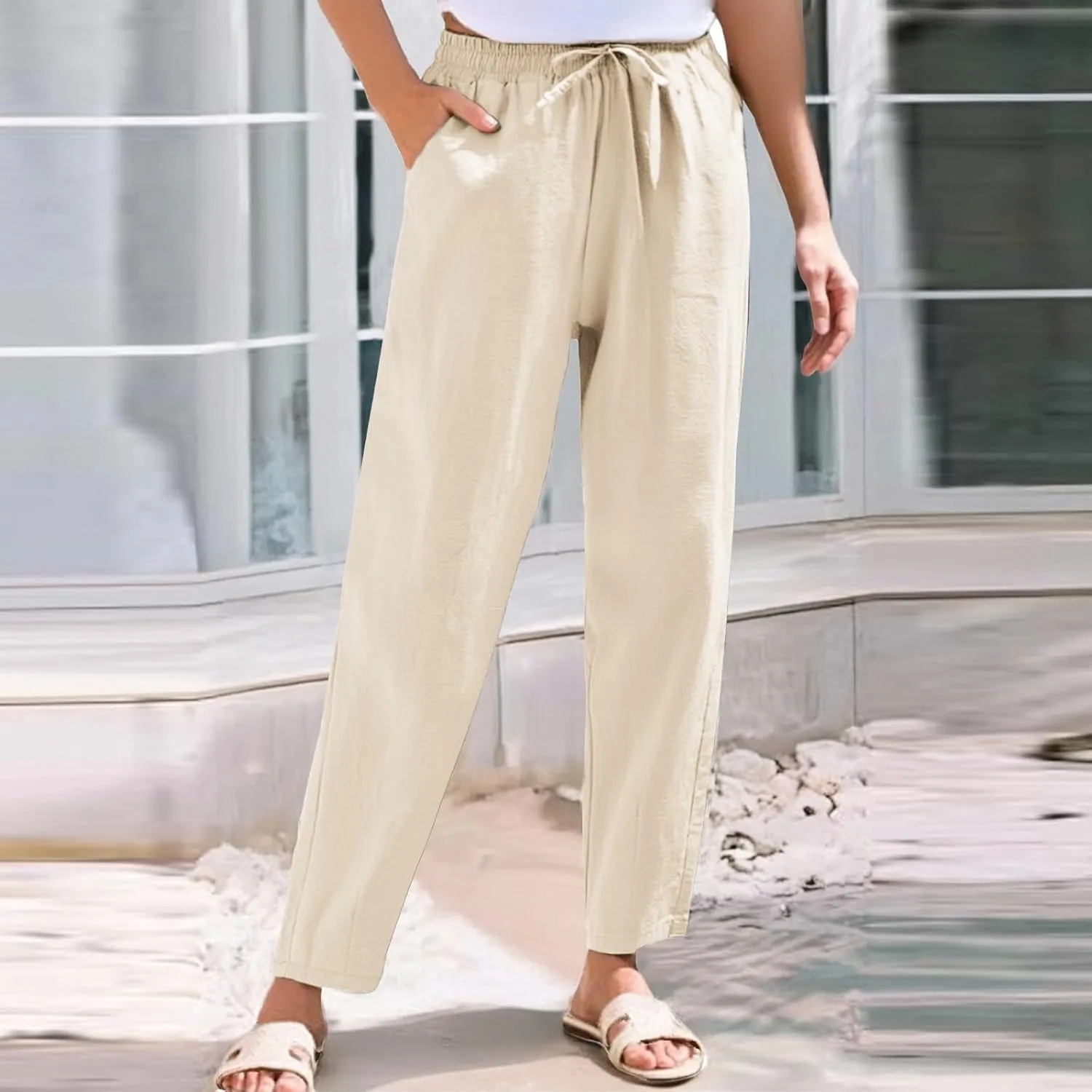 Pants Women Cotton Linen,Sweatpants Dressy Casual, Wide Leg High Waisted Cargo Petite Trousers with Pockets