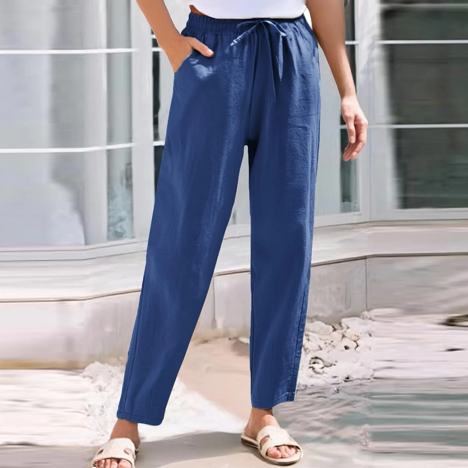 Pants Women Cotton Linen,Sweatpants Dressy Casual, Wide Leg High Waisted Cargo Petite Trousers with Pockets
