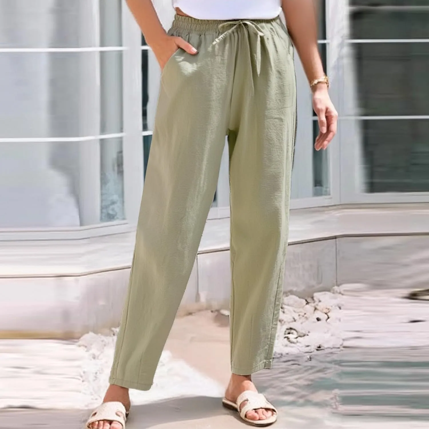 Pants Women Cotton Linen,Sweatpants Dressy Casual, Wide Leg High Waisted Cargo Petite Trousers with Pockets