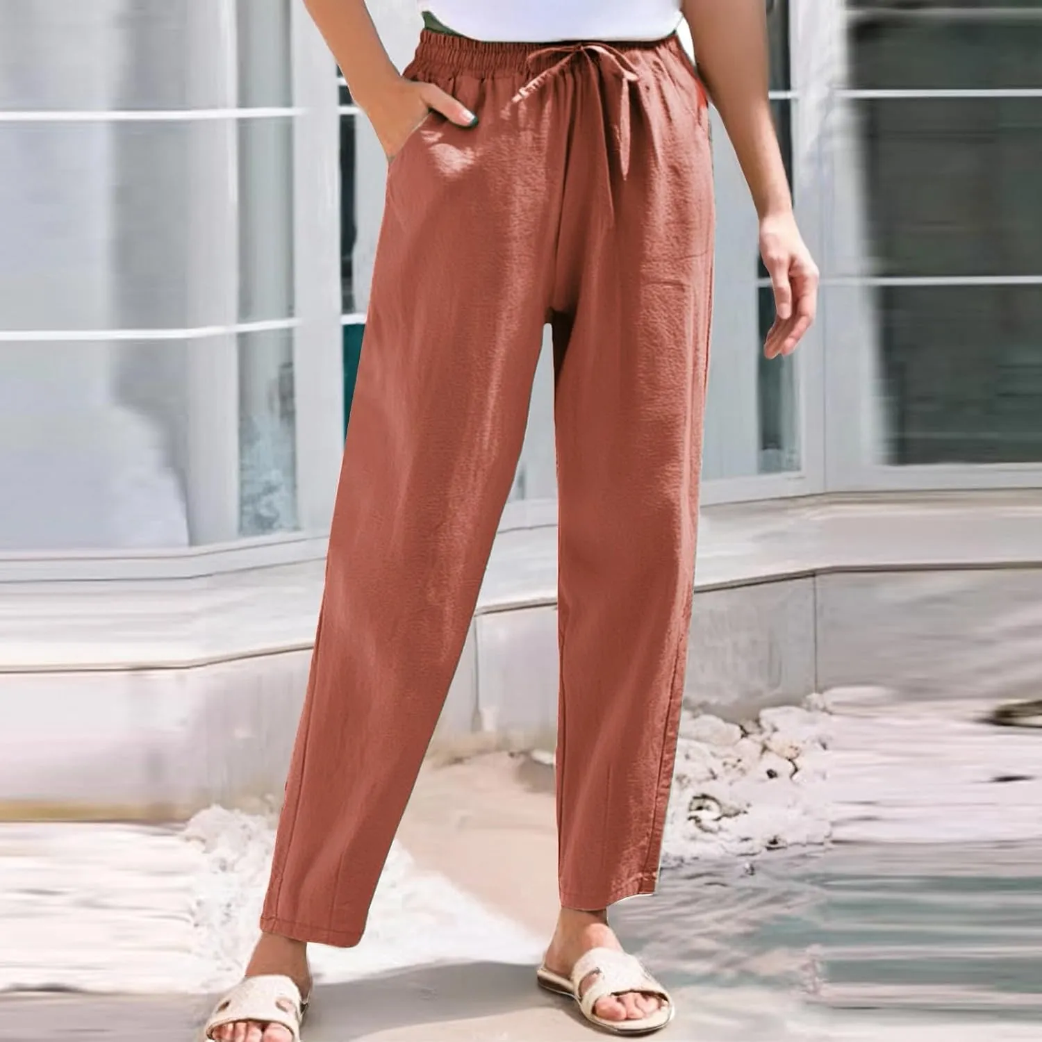 Pants Women Cotton Linen,Sweatpants Dressy Casual, Wide Leg High Waisted Cargo Petite Trousers with Pockets