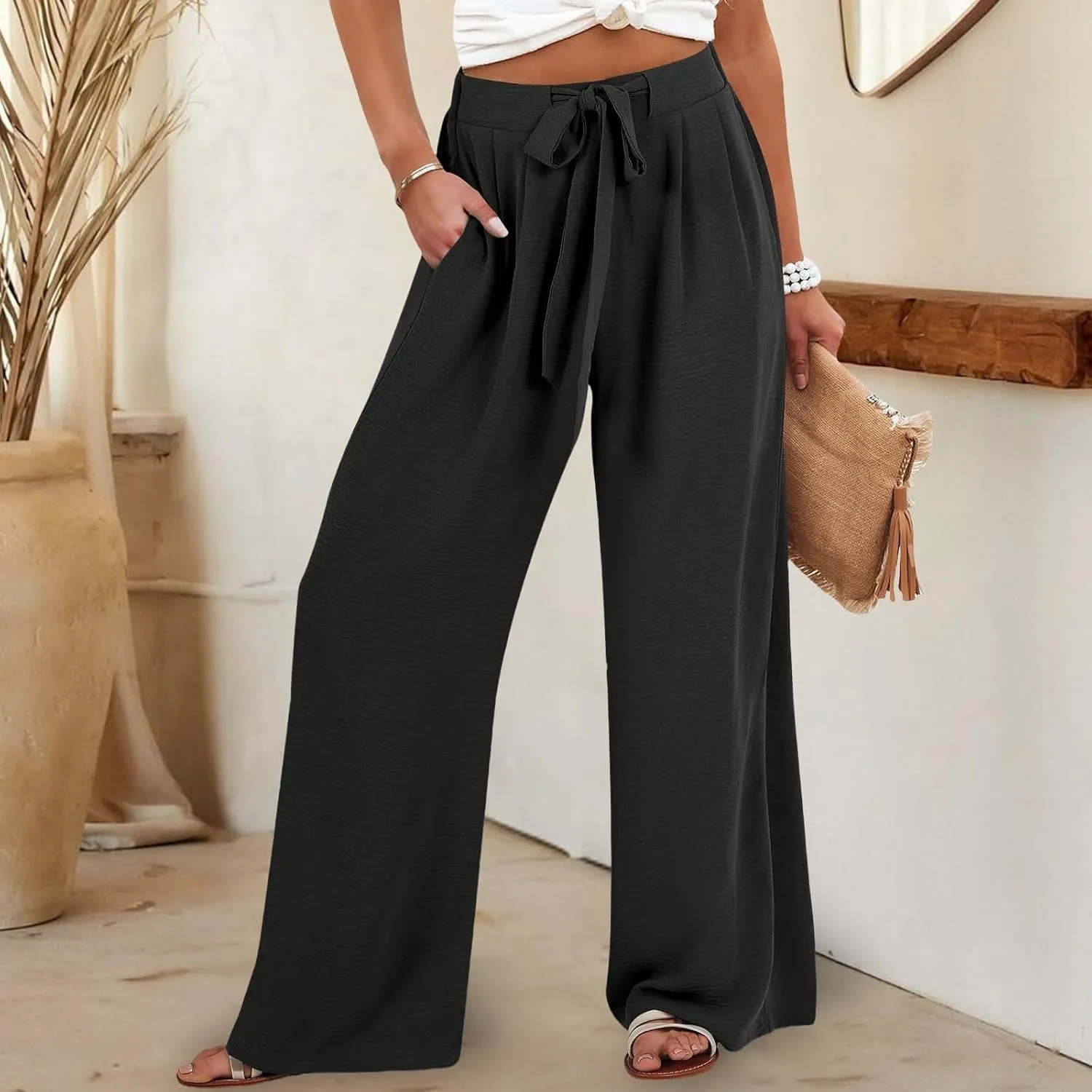 Parachute Pants for Women High Waisted Lounge, Capri Pants Business Casual Straight Leg Summer Trousers Linen