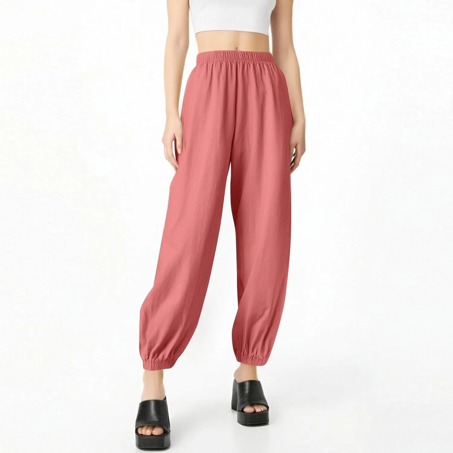 Parachute Pants for Women, Womens Wide Leg Pants Linen Dressy Trousers Straight Leg Summer High Waisted Lounge