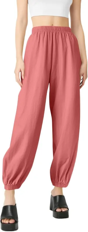 Parachute Pants for Women, Womens Wide Leg Pants Linen Dressy Trousers Straight Leg Summer High Waisted Lounge