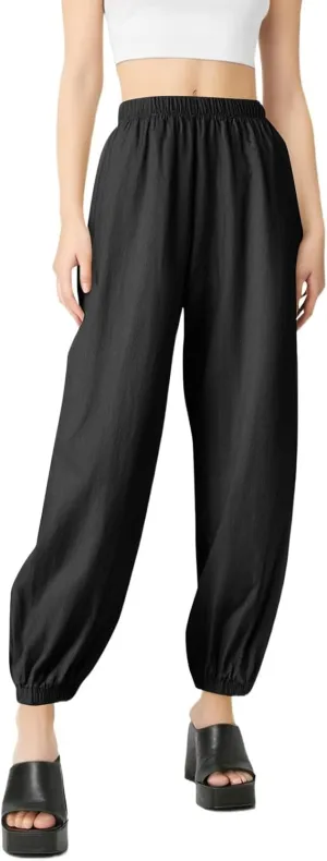 Parachute Pants for Women, Womens Wide Leg Pants Linen Dressy Trousers Straight Leg Summer High Waisted Lounge