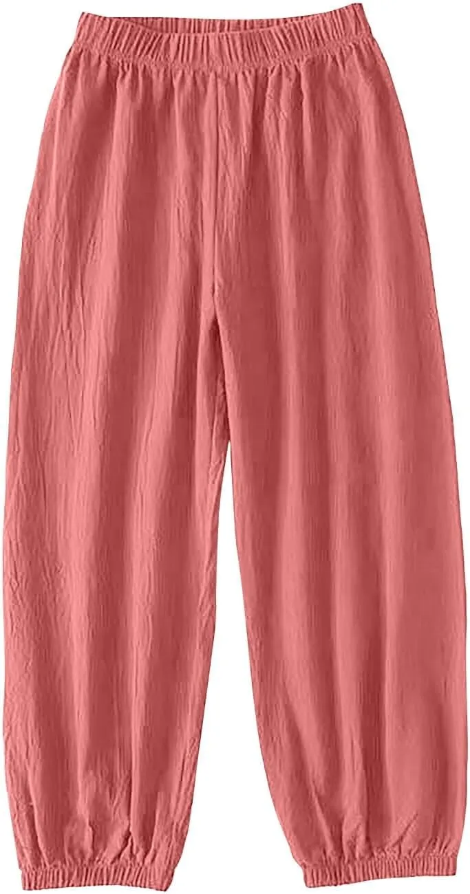 Parachute Pants for Women, Womens Wide Leg Pants Linen Dressy Trousers Straight Leg Summer High Waisted Lounge