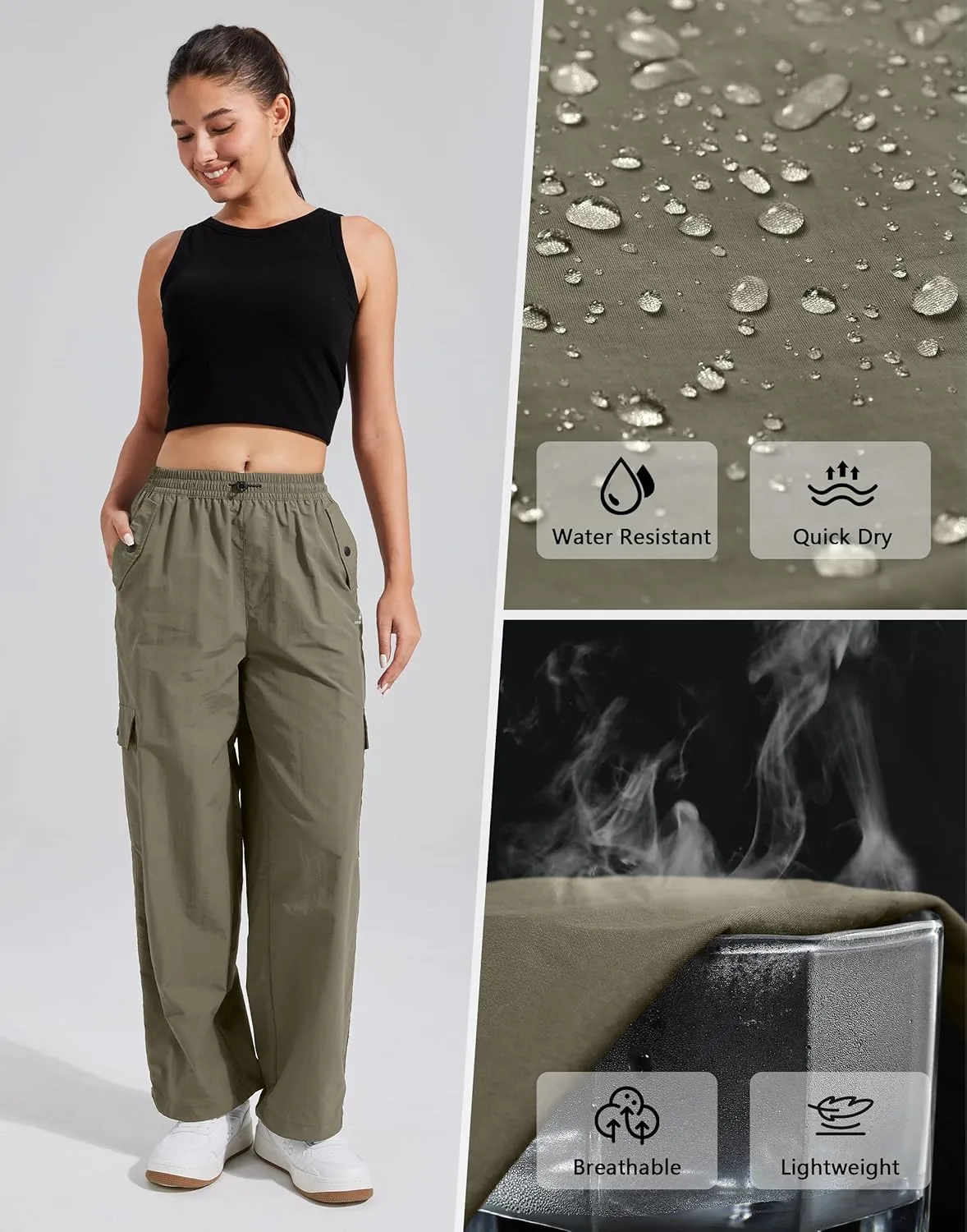 Pioneer Camp Womens Parachute Cargo Pants with Pockets Baggy High Waisted Quick Dry Hiking Pants Lightweight Wide Leg