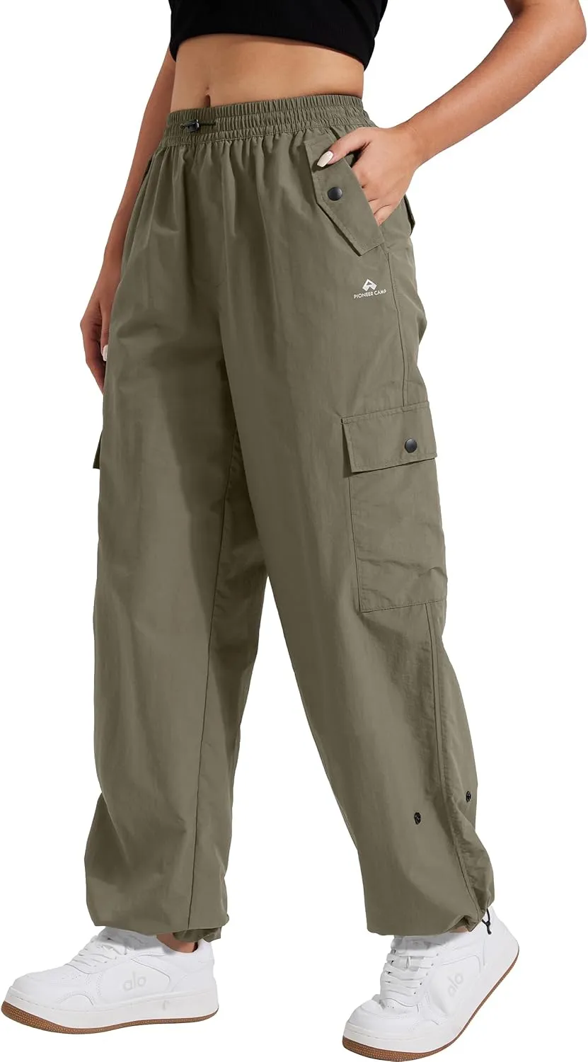 Pioneer Camp Womens Parachute Cargo Pants with Pockets Baggy High Waisted Quick Dry Hiking Pants Lightweight Wide Leg