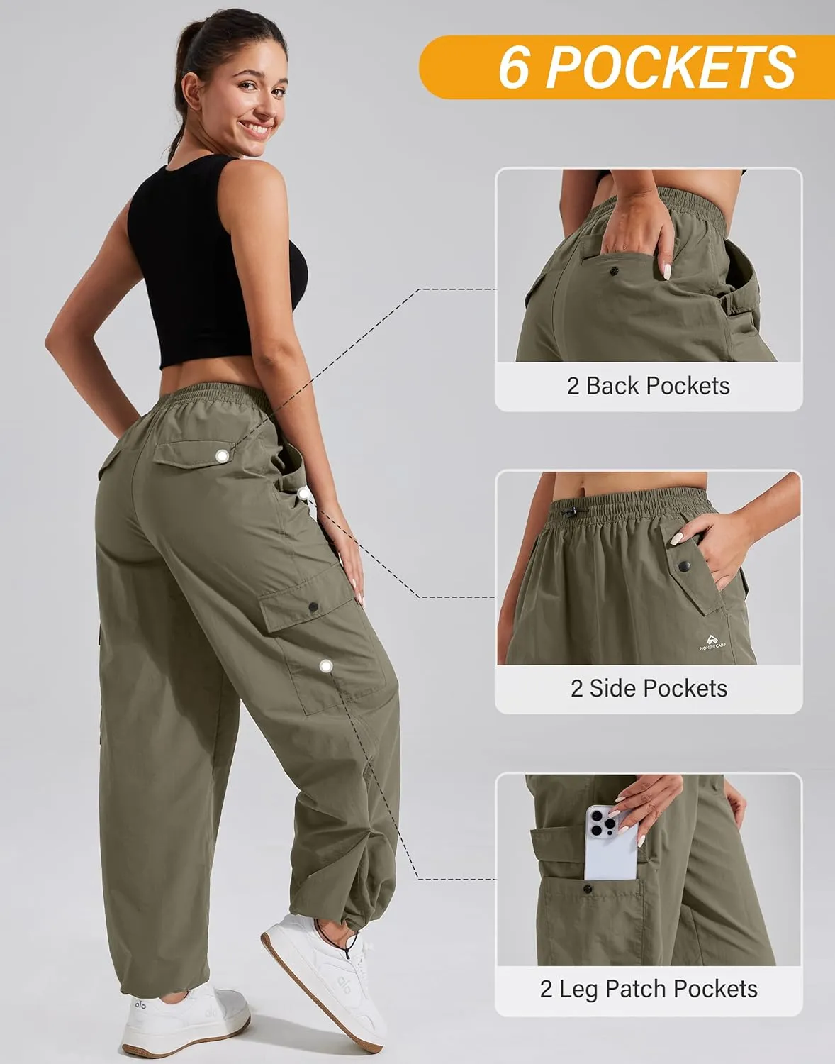 Pioneer Camp Womens Parachute Cargo Pants with Pockets Baggy High Waisted Quick Dry Hiking Pants Lightweight Wide Leg