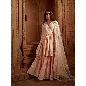 Preevin Blush Pink Double Layer All Over Barfi Embroidered Angrakha (Set of 3)