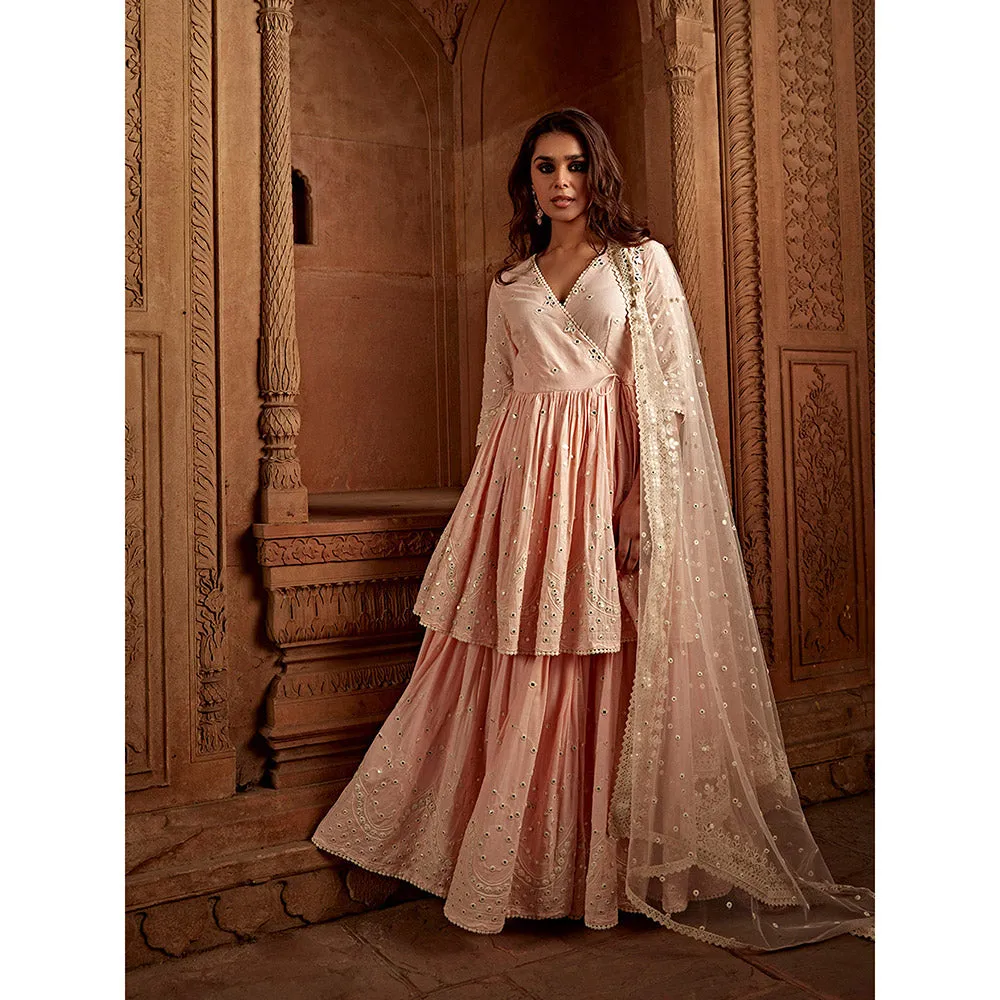 Preevin Blush Pink Double Layer All Over Barfi Embroidered Angrakha (Set of 3)