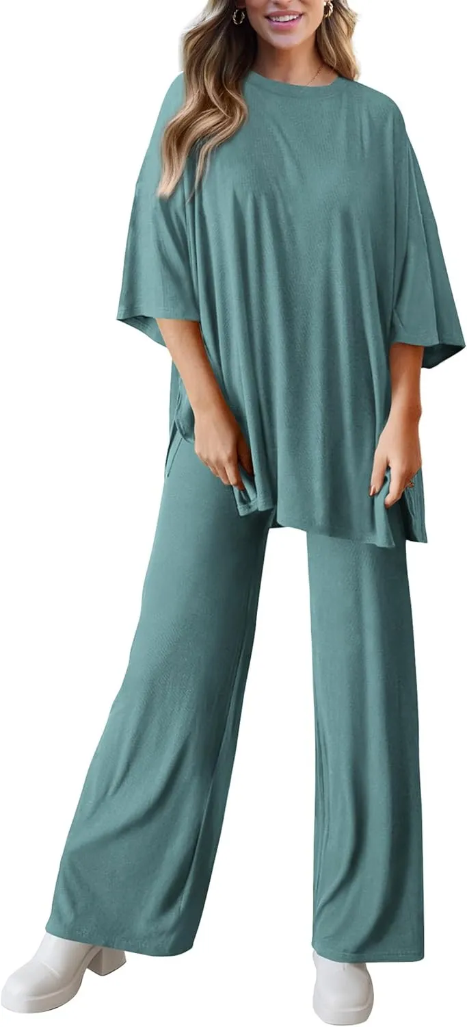PRETTYGARDEN Women's 2 Piece Outfits Casual Short Sleeve Pullover Tops and Wide Leg Pants Lounge Sets Tracksuits