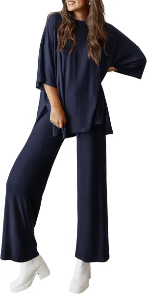 PRETTYGARDEN Women's 2 Piece Outfits Casual Short Sleeve Pullover Tops and Wide Leg Pants Lounge Sets Tracksuits