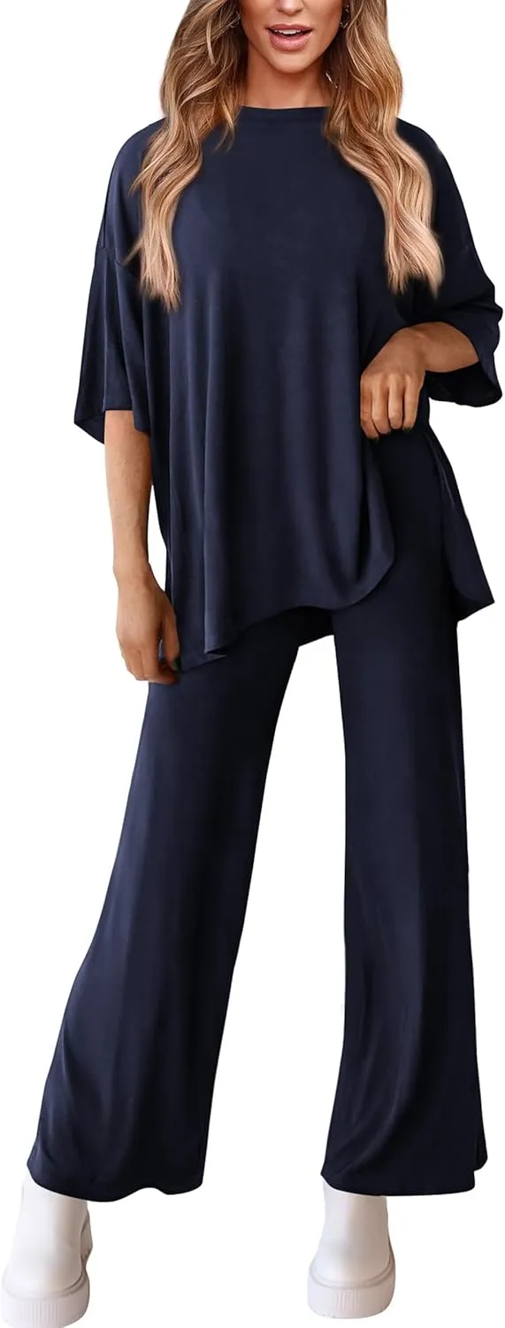 PRETTYGARDEN Women's 2 Piece Outfits Casual Short Sleeve Pullover Tops and Wide Leg Pants Lounge Sets Tracksuits