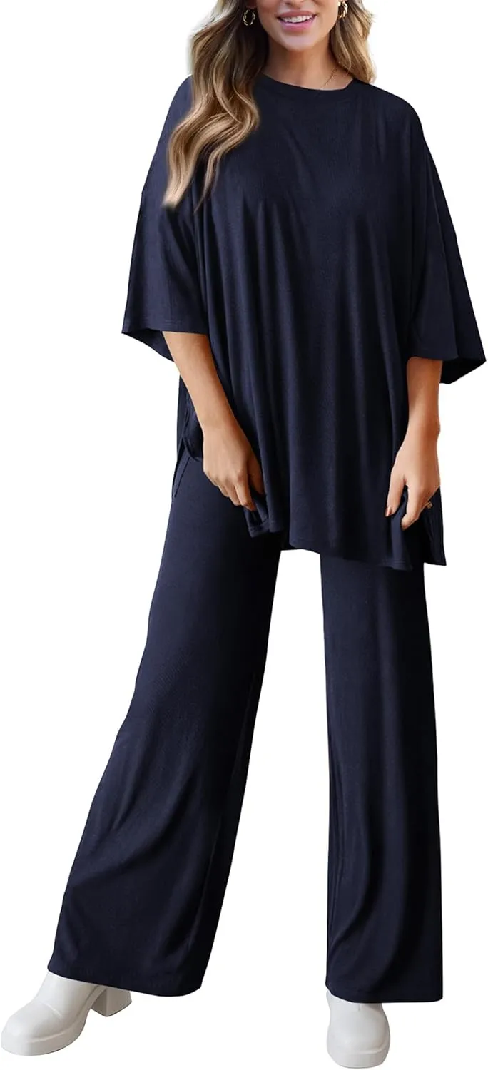 PRETTYGARDEN Women's 2 Piece Outfits Casual Short Sleeve Pullover Tops and Wide Leg Pants Lounge Sets Tracksuits